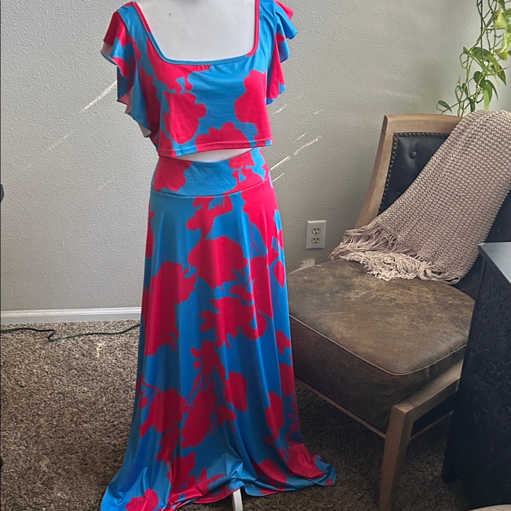 Vibrant Blue and Red Floral Maxi Dress. Two pieces